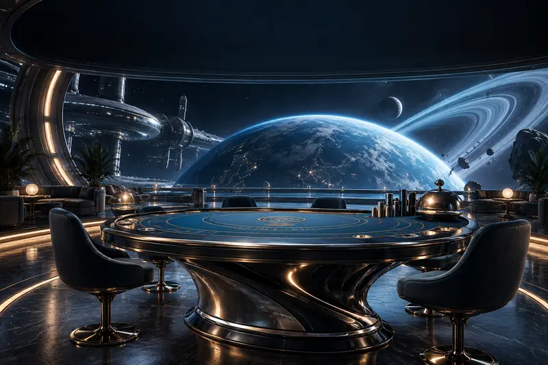 Stazione orbitale e pianeta blu, illustrazione spaziale